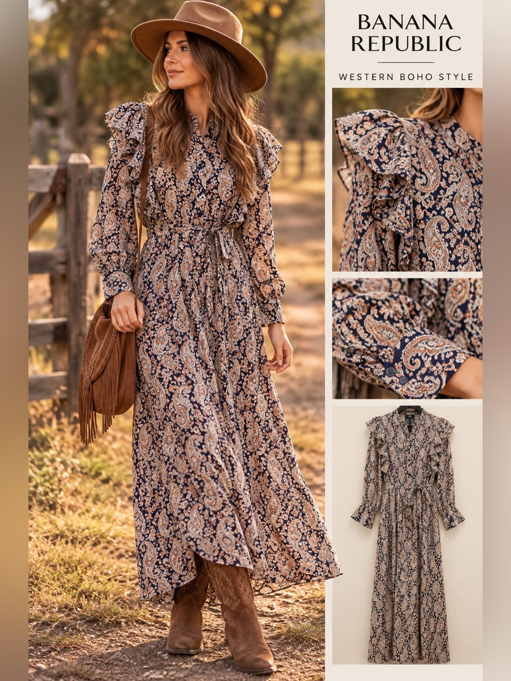 Banana Republic NWT Paisley Maxi Dress L Ruffle Boho Western Prairie